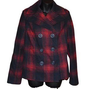 Black and Red Plaid Wool Peacoat Size Medium